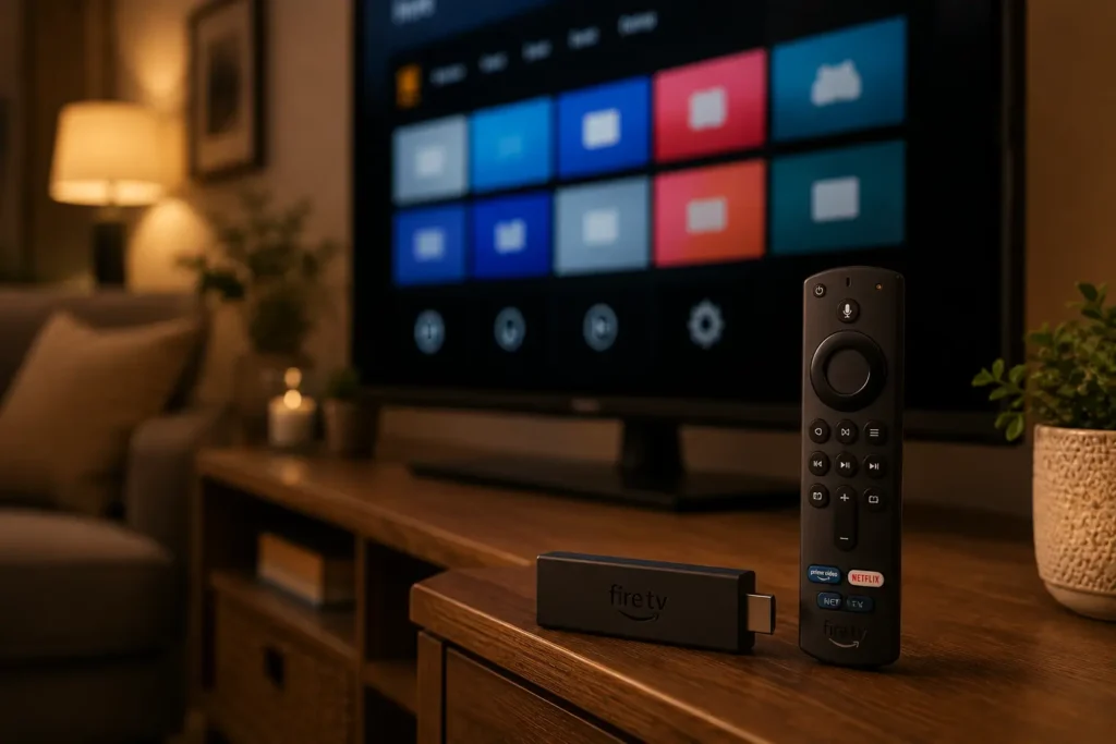 Top 5 IPTV Apps for Fire TV Stick — Safe Installation Guide 4 A Fire TV Stick and remote sitting