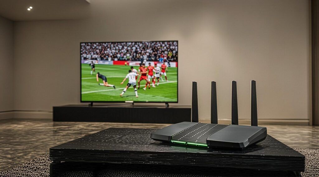 Modern living room setup showing IPTV streaming on a smart TV with a router.